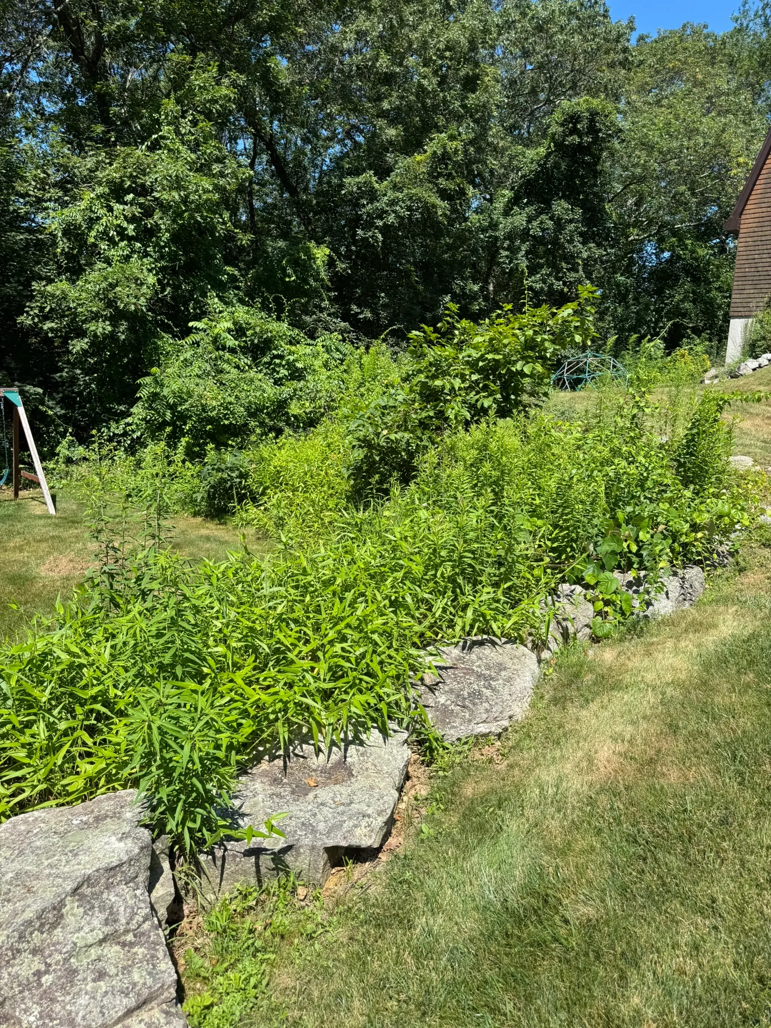 A natural stone retaining wall with plantings on a sloped hillside property